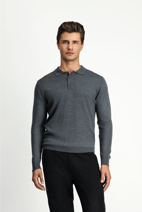 Medium Anthracite Melange Polo Collar Button-Down Regular Fit Warm Wool Knit Sweater