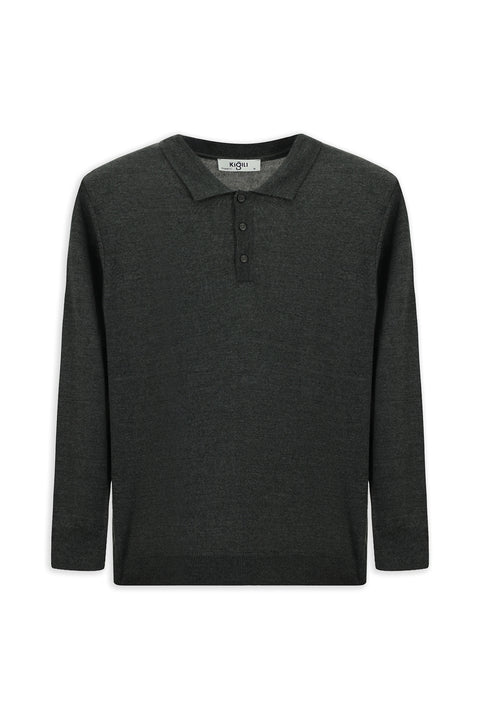 Medium Anthracite Melange Polo Collar Button-Down Regular Fit Warm Wool Knit Sweater