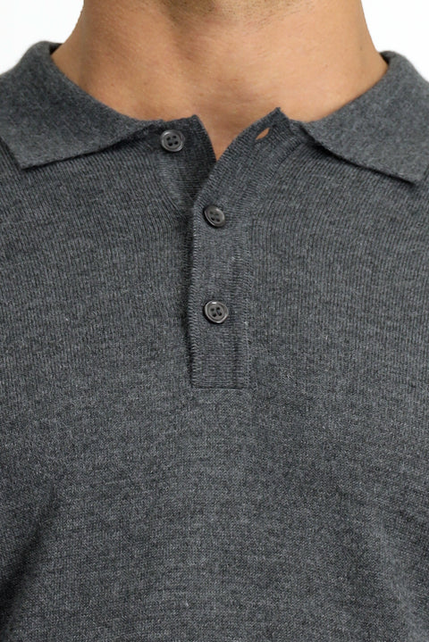 Medium Anthracite Melange Polo Collar Button-Down Regular Fit Warm Wool Knit Sweater