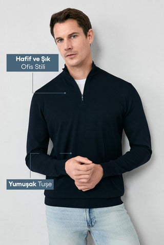 Koyu Lacivert Regular Fit Yarım Balıkçı Yaka Fermuarlı Triko Kazak
