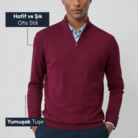 Dark Burgundy Regular Fit Half Turtleneck Zip-Up Knit Sweater