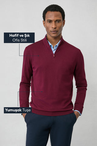 Koyu Bordo Regular Fit Yarım Balıkçı Yaka Fermuarlı Triko Kazak