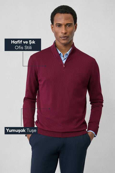 Dark Burgundy Regular Fit Half Turtleneck Zip-Up Knit Sweater