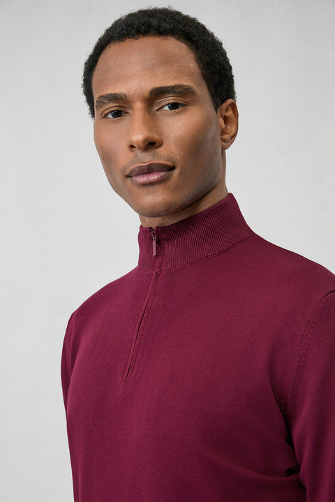 Dark Burgundy Regular Fit Half Turtleneck Zip-Up Knit Sweater