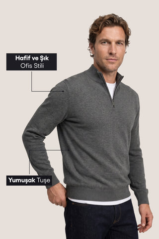 Orta Anrasit Melanj Regular Fit Yarım Balıkçı Yaka Fermuarlı Triko Kazak