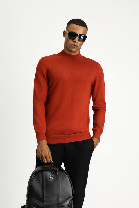 Tile-colored Half Turtleneck Regular Fit Cotton Knit Sweater