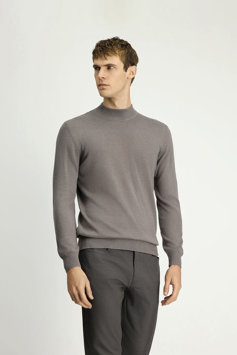 Medium Grey Melange Half Turtleneck Regular Fit Cotton Cashmere Knit Sweater