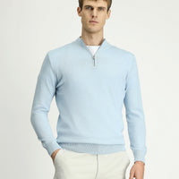 Light Blue Half Turtleneck Regular Fit Zip-Up Cashmere Knit Sweater