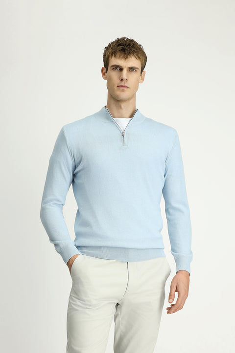 Light Blue Half Turtleneck Regular Fit Zip-Up Cashmere Knit Sweater