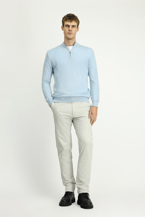 Light Blue Half Turtleneck Regular Fit Zip-Up Cashmere Knit Sweater