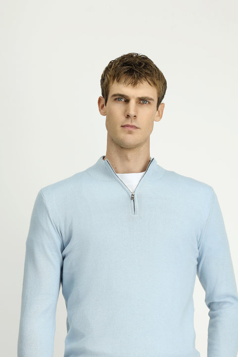 Light Blue Half Turtleneck Regular Fit Zip-Up Cashmere Knit Sweater