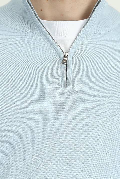 Light Blue Half Turtleneck Regular Fit Zip-Up Cashmere Knit Sweater