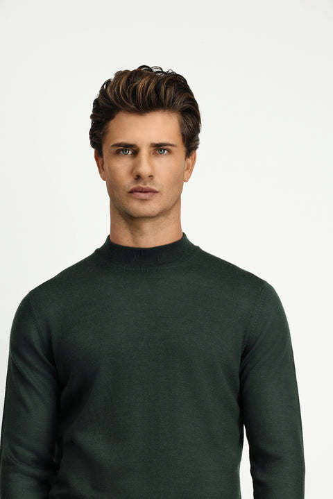 Military Khaki Half Turtleneck Regular Fit Wool Basic Knitted Sweater