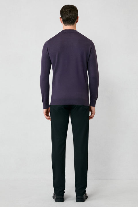 Dark Purple Semi-Turtleneck Regular Fit Wool Basic Knitted Sweater