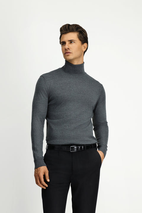 Medium Anthracite Melange Turtleneck Regular Fit Warm Wool Knit Sweater