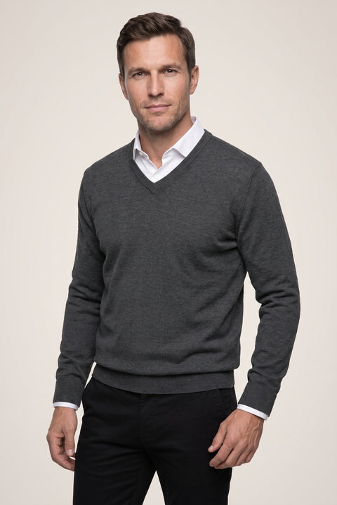 Medium Anthracite Melange V-Neck Regular Fit Warm Wool Knit Sweater