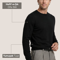 Siyah Bisiklet Yaka Regular Fit Yumuşak Tuşe Basic Düz Triko Kazak