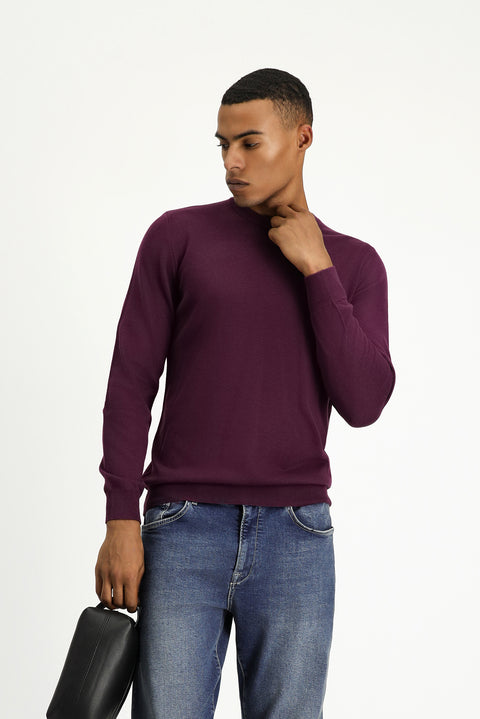 Dark Burgundy Crew Neck Regular Fit Cotton Knit Sweater