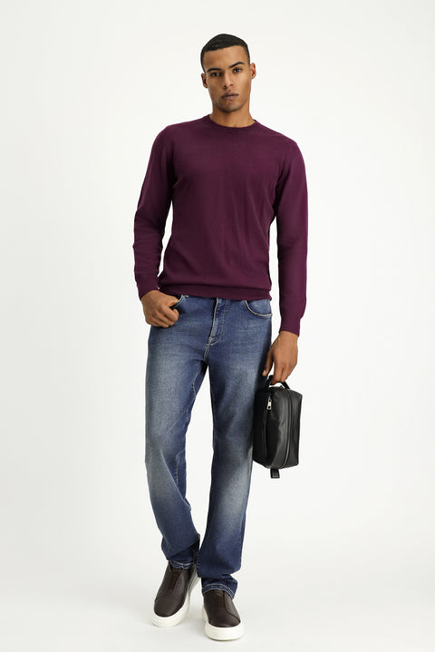 Dark Burgundy Crew Neck Regular Fit Cotton Knit Sweater
