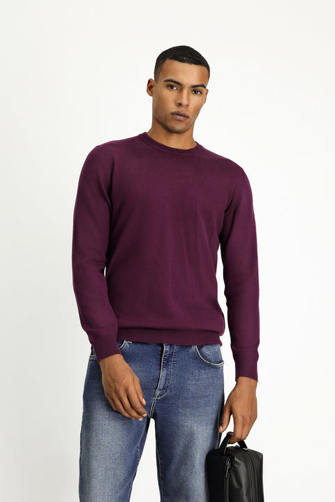 Dark Burgundy Crew Neck Regular Fit Cotton Knit Sweater