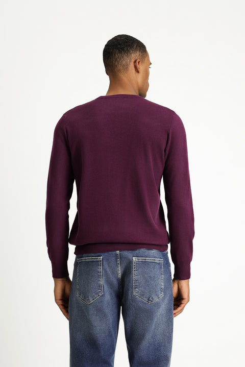 Dark Burgundy Crew Neck Regular Fit Cotton Knit Sweater