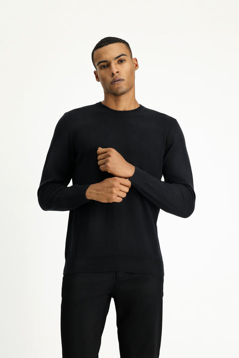 Black Crew Neck Regular Fit Cotton Cashmere Knit Sweater