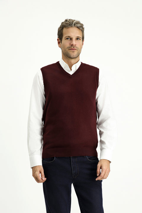 Dark Burgundy V-Neck Cotton Knit Sweater