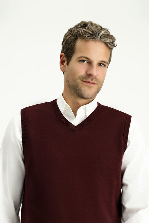 Dark Burgundy V-Neck Cotton Knit Sweater
