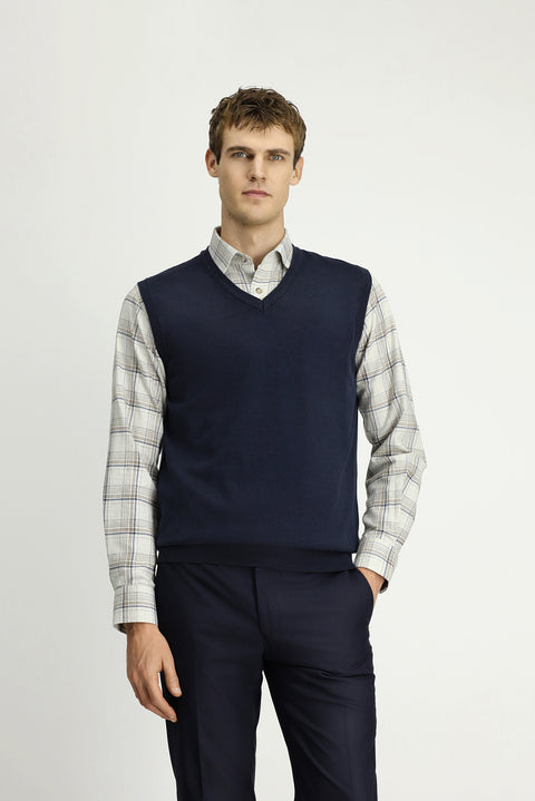Dark Navy V-Neck Cotton Cashmere Knit Sweater