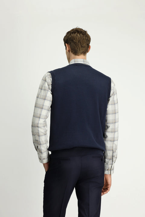 Dark Navy V-Neck Cotton Cashmere Knit Sweater