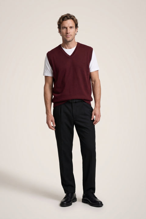 Dark Burgundy V-Neck Wool Knit Sweater