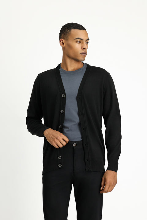 Black Cotton Knit Cardigan
