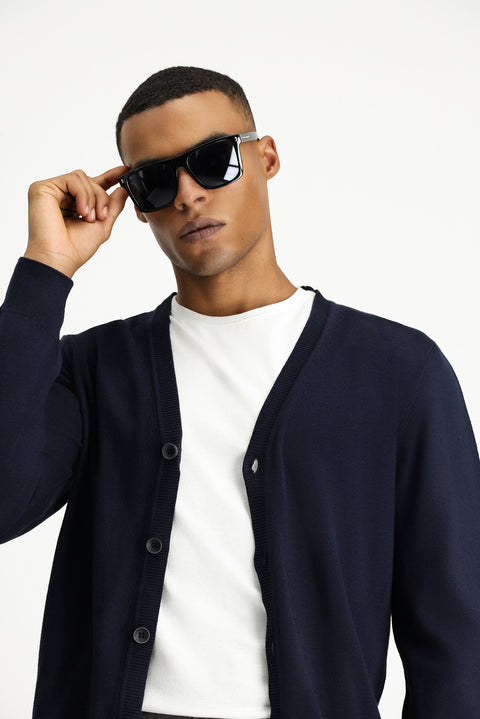 Dark Navy Cotton Knit Cardigan