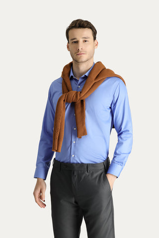 Aqua Mavisi Uzun Kol Slim Fit Dar Kesim Non Iron Saten Pamuklu Gömlek
