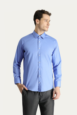 Aqua Mavisi Uzun Kol Slim Fit Dar Kesim Non Iron Saten Pamuklu Gömlek