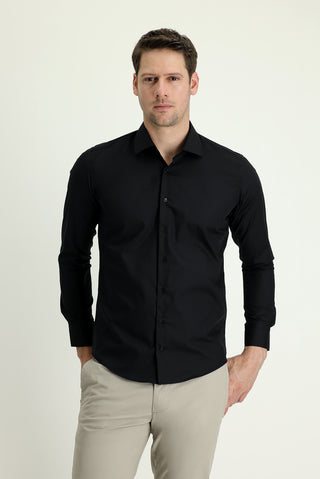 Siyah Uzun Kol Slim Fit Dar Kesim Non Iron Klasik Pamuklu Kolay Ütülenebilir Gömlek