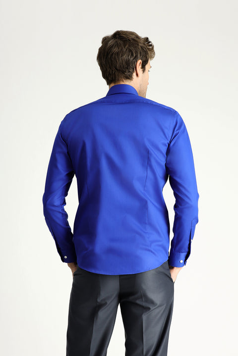 Navy Blue Long Sleeve Slim Fit Classic Non-Iron Satin Cotton Shirt