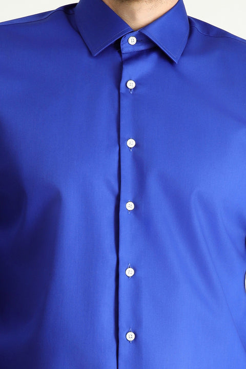 Navy Blue Long Sleeve Slim Fit Classic Non-Iron Satin Cotton Shirt