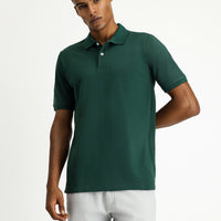 Dark Green Polo Collar Regular Fit Embroidered Cotton T-Shirt