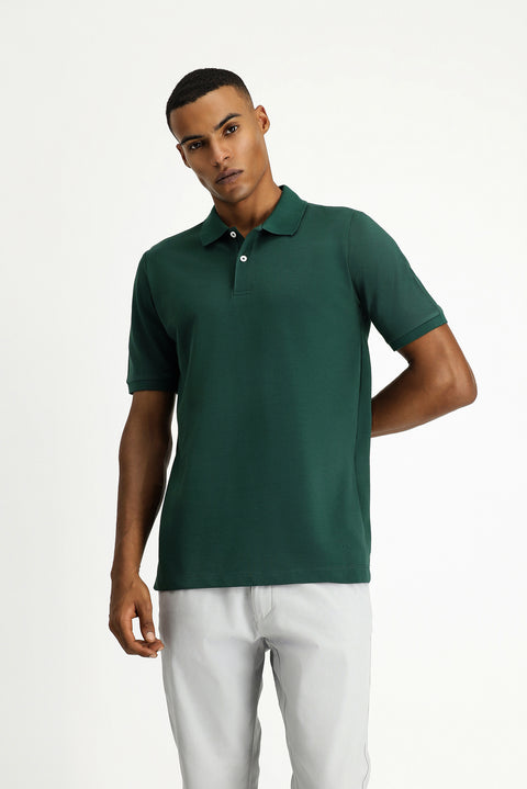 Dark Green Polo Collar Regular Fit Embroidered Cotton T-Shirt