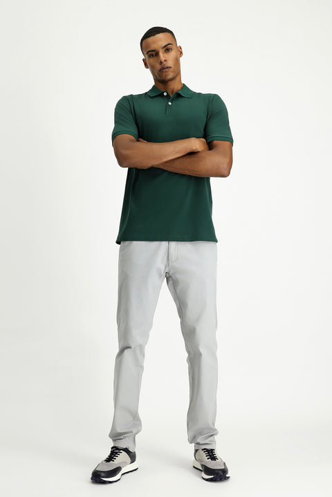 Dark Green Polo Collar Regular Fit Embroidered Cotton T-Shirt