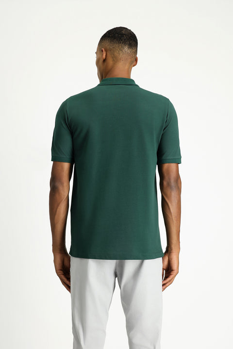 Dark Green Polo Collar Regular Fit Embroidered Cotton T-Shirt
