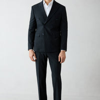 Koyu Lacivert 7 Drop Slim Fit Dar Kesim Sivri Yaka Kruvaze Beli Lastikli Çizgili Takım Elbise