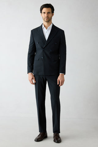 Koyu Lacivert 7 Drop Slim Fit Dar Kesim Sivri Yaka Kruvaze Beli Lastikli Çizgili Takım Elbise