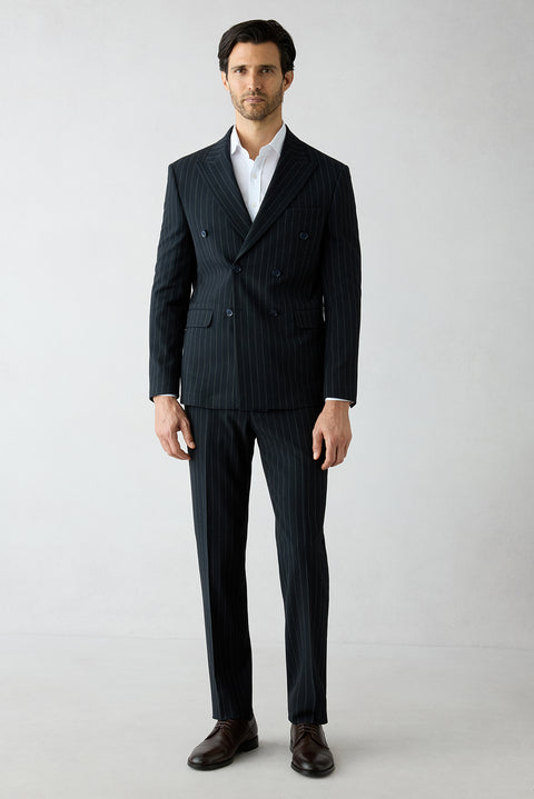 Koyu Lacivert 7 Drop Slim Fit Dar Kesim Sivri Yaka Kruvaze Beli Lastikli Çizgili Takım Elbise