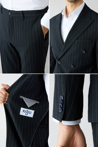 Koyu Lacivert 7 Drop Slim Fit Dar Kesim Sivri Yaka Kruvaze Beli Lastikli Çizgili Takım Elbise