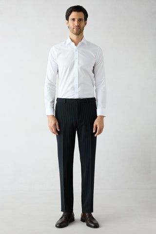 Koyu Lacivert 7 Drop Slim Fit Dar Kesim Sivri Yaka Kruvaze Beli Lastikli Çizgili Takım Elbise