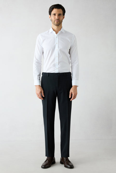 Koyu Lacivert 7 Drop Slim Fit Dar Kesim Sivri Yaka Kruvaze Beli Lastikli Çizgili Takım Elbise