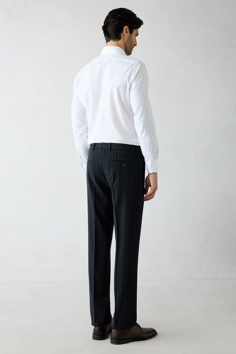 Koyu Lacivert 7 Drop Slim Fit Dar Kesim Sivri Yaka Kruvaze Beli Lastikli Çizgili Takım Elbise