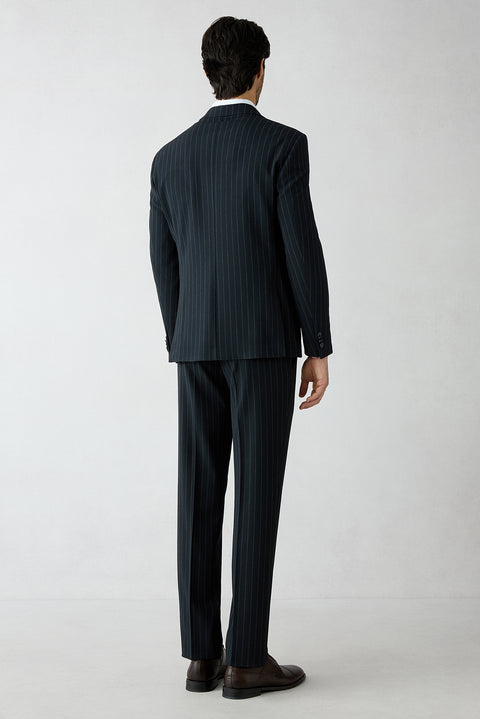 Koyu Lacivert 7 Drop Slim Fit Dar Kesim Sivri Yaka Kruvaze Beli Lastikli Çizgili Takım Elbise